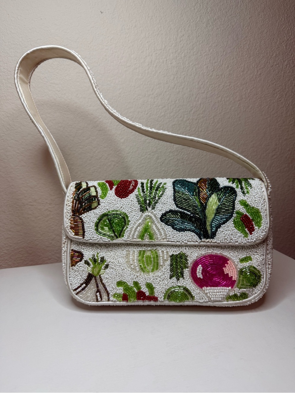 T.J.Maxx White Beaded Shoulder Bag with Green and Pink Embroidery